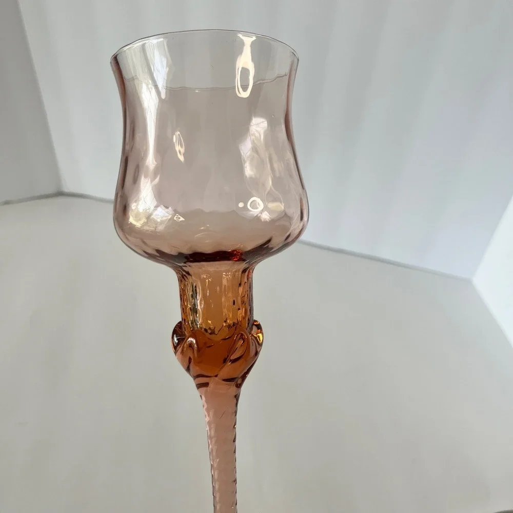 Vintage Pink Hand Blown Glass Tall Twisted Stem Tulip Candle Holder‎ 15.5 Inch